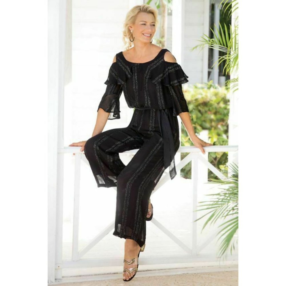Soft Surroundings Avedon Dress Cold Shoulder Metallic Shimmer Jumpsuit M